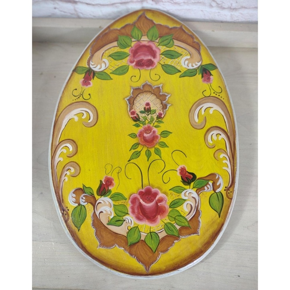 Vtg Hand Painted Floral Wood Oval Retro Cottagecore Grannycore Felt Feet SEE